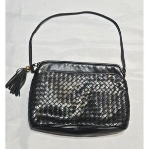Vtg Ganson Basket Weave Leather Hobo Handbag M Black Lined Purse Shoulder Bag